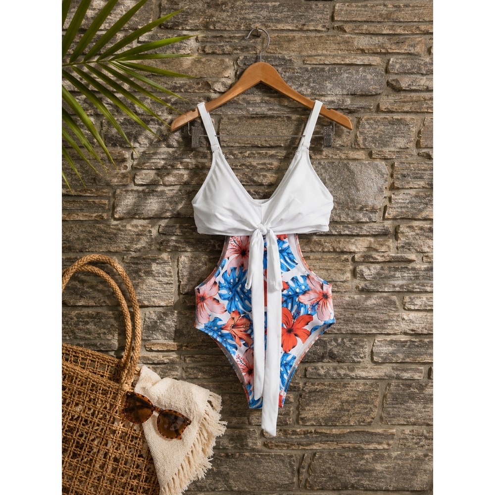 Womens Tropical Floral Cutout Monokini White Tie Front Swimsuit Size M
